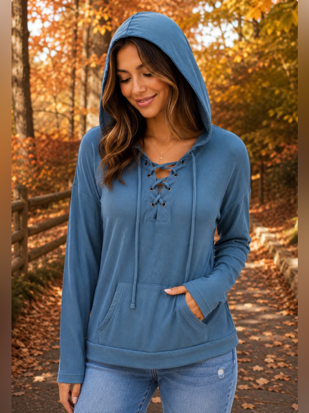 Women’s Ribbed Lace-Up Hooded Top, Long Sleeve Kangaroo Pocket, Blue (Size M)